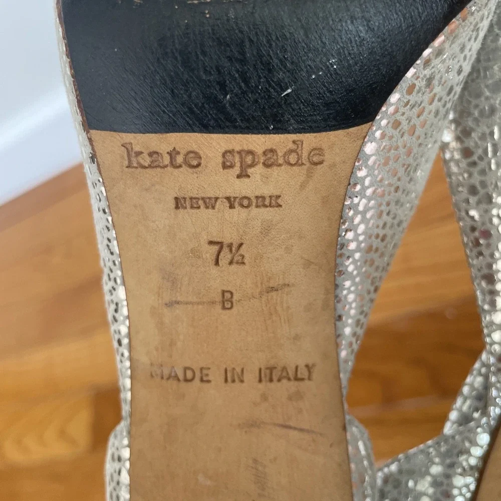 Kate Spade New York Lara Cracked Silver Leather Open Toe Pump 7.5‎ B Italy